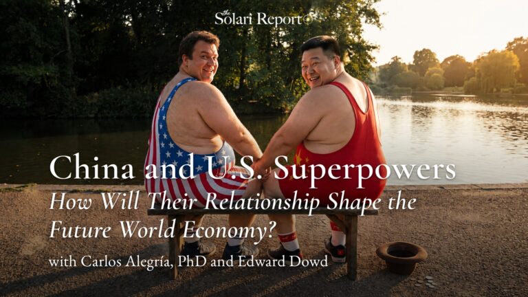 Two big wrestlers in USA and China singlets on a lakeside bench at golden hour, holding hands and looking back at the camera; a hat of coins lies on the path.